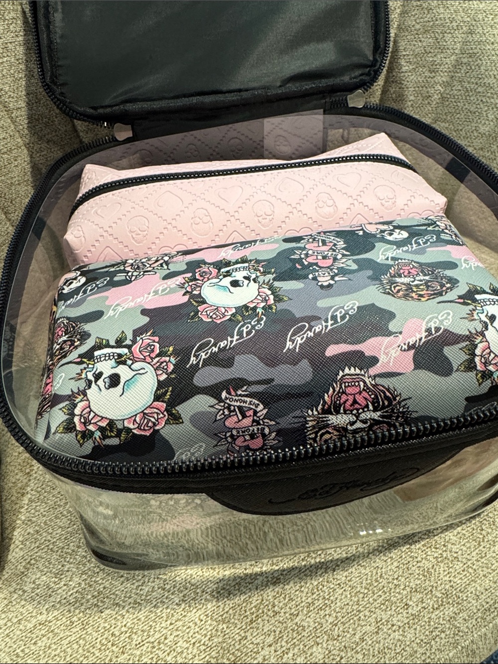 New Ed Hardy Pink & Gray Skull Print Cosmetic Pouch 3pc